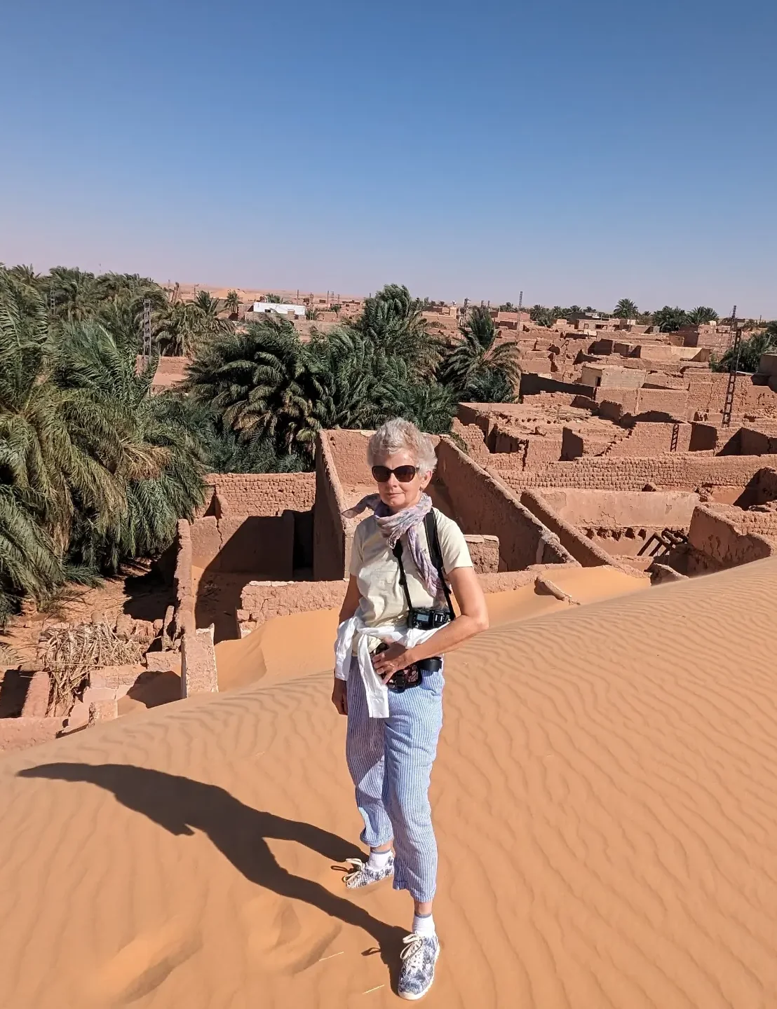Des voyageurs à dos de dromadaire avec leur chamelier dans les dunes de Taghit