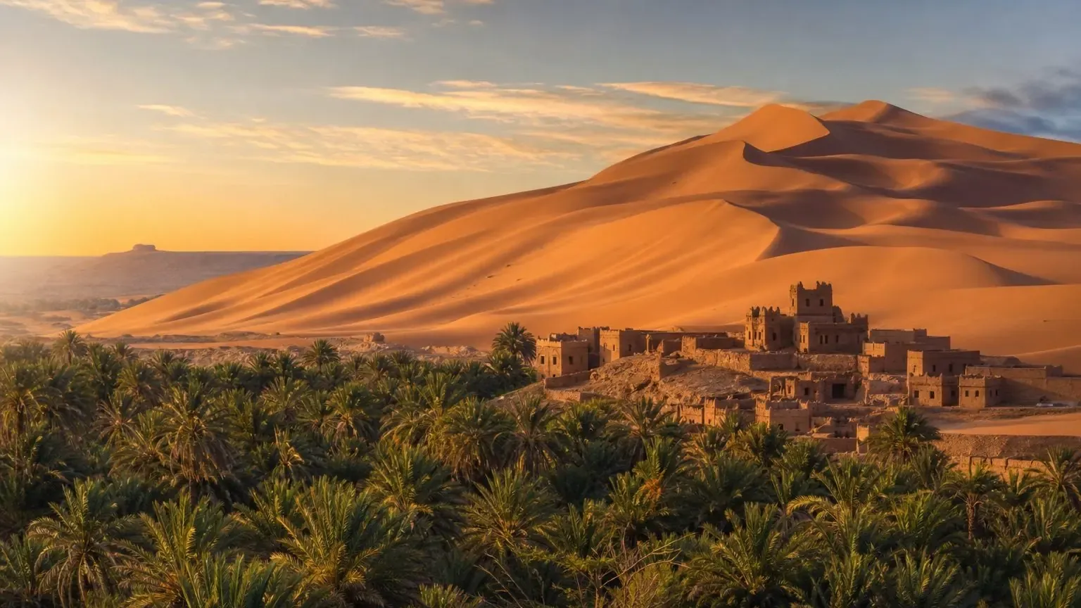Des dunes se dressant derrière un village d’oasis au lever du soleil